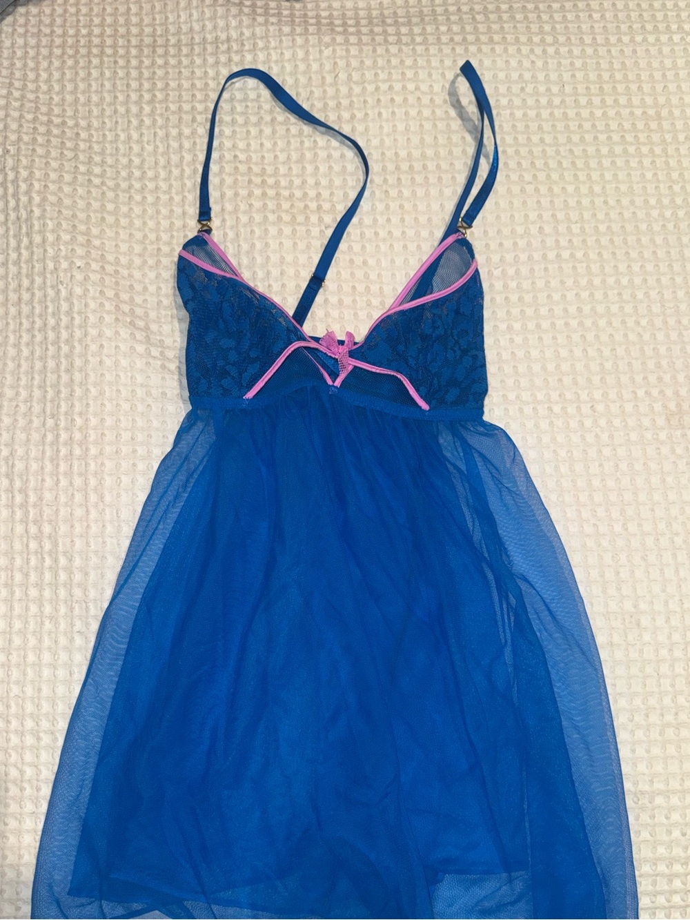 2/$20 - Victoria's Secret Royal Blue Sheer Lace Babydoll with Pink Trim